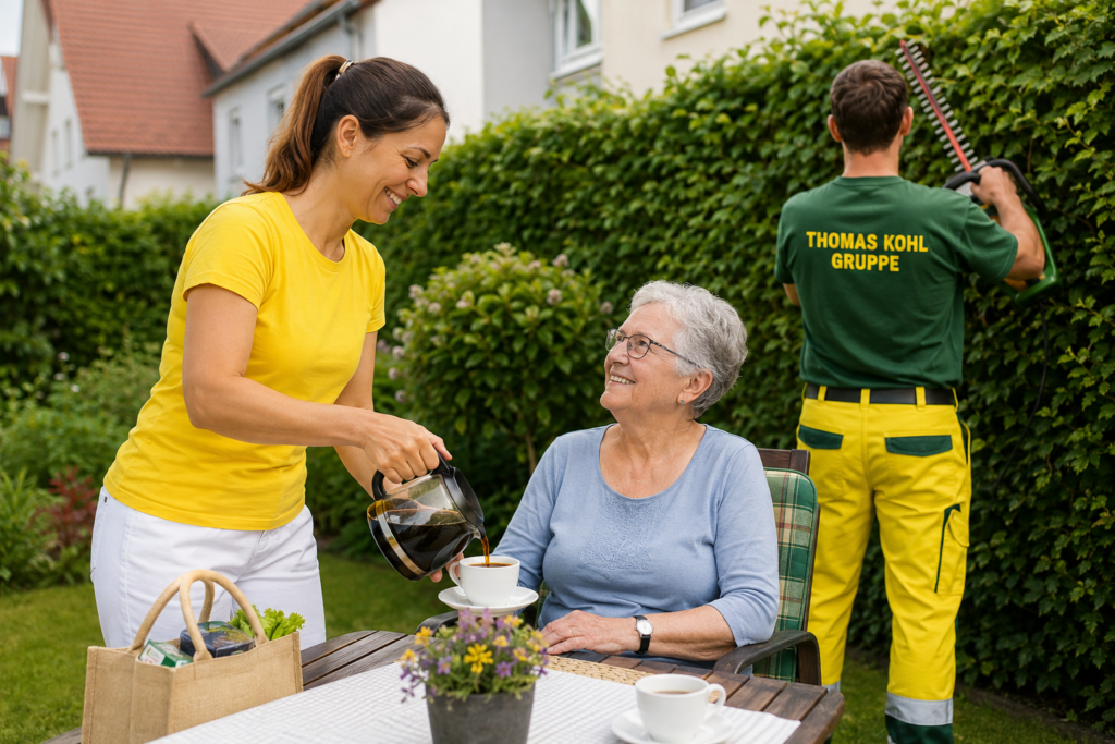 Mitarbeiterin der Thomas Kohl Gruppe unterstützt eine ältere Frau im Garten, während ein Kollege die Hecke pflegt