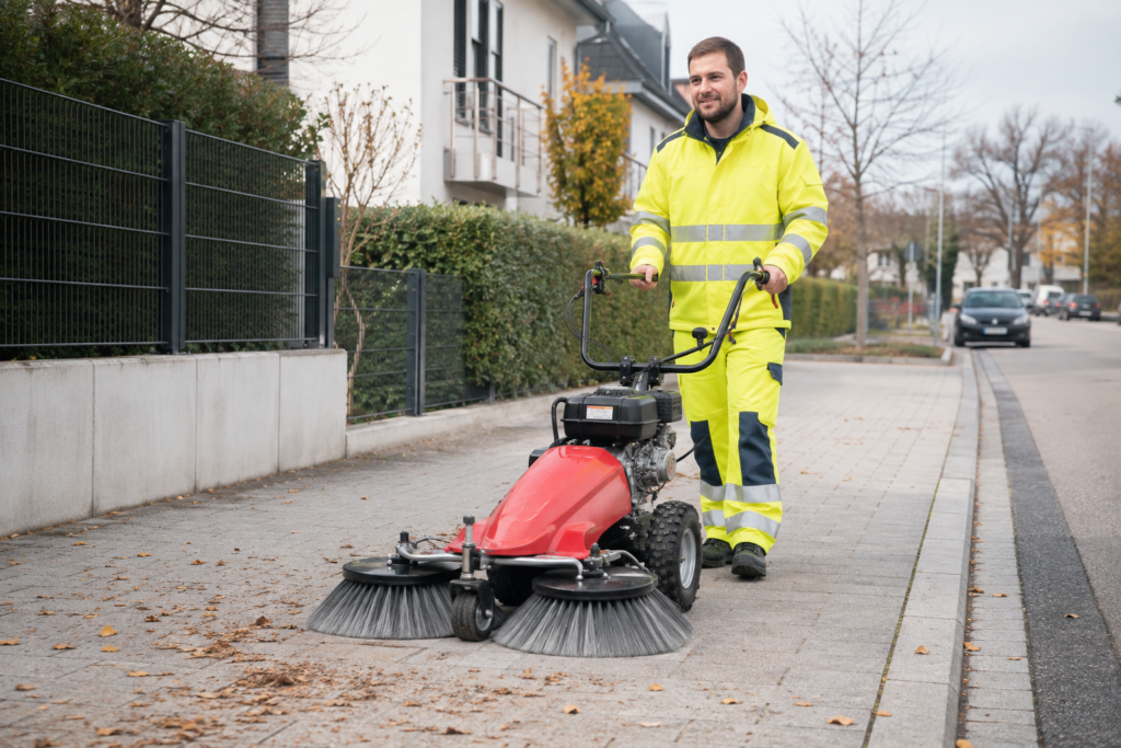 Mitarbeiter der Thomas Kohl Gruppe in gelber Arbeitskleidung reinigt einen Gehweg mit einer professionellen Kehrmaschine