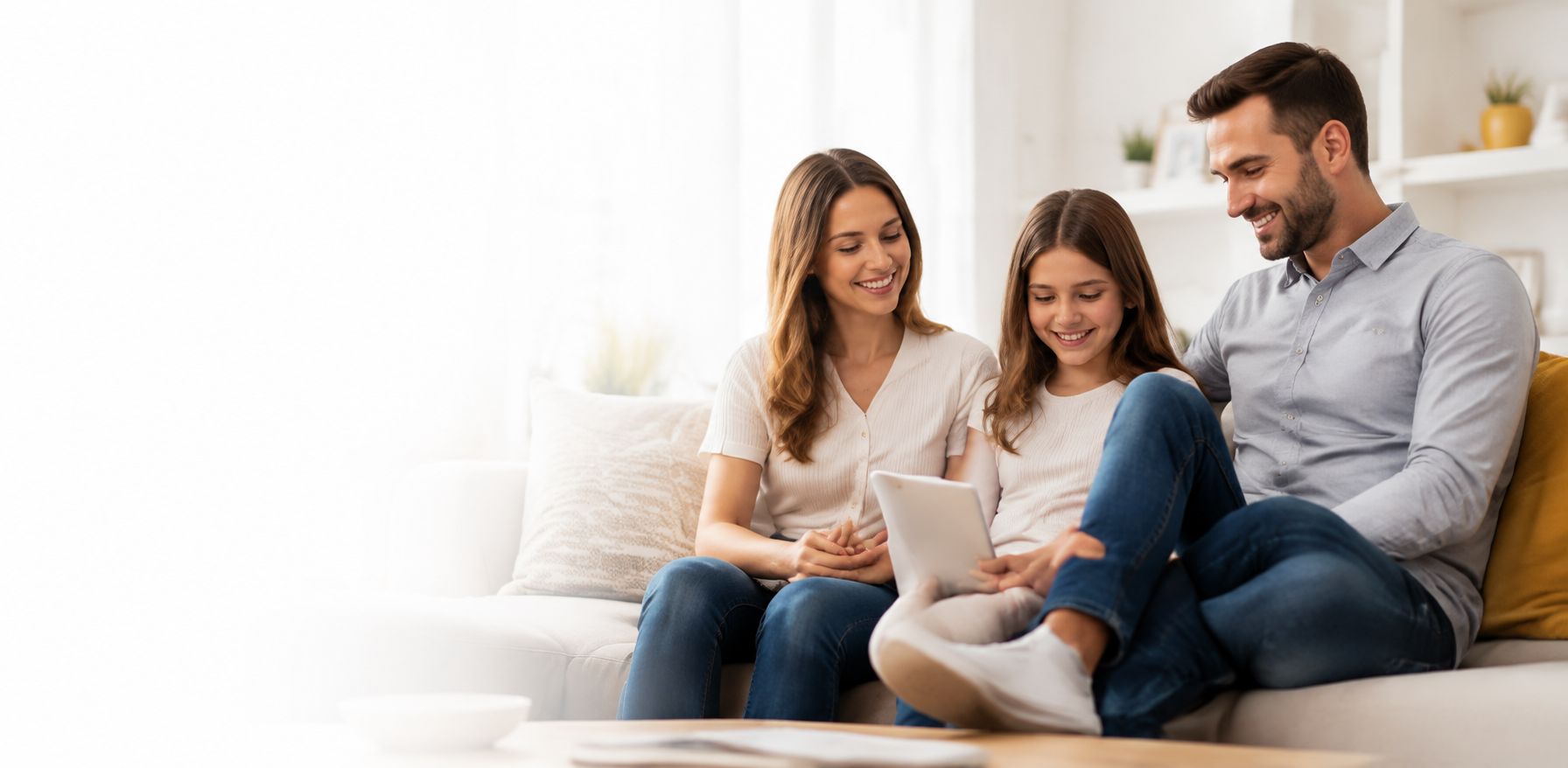 Familie in einem hellen Wohnumfeld
