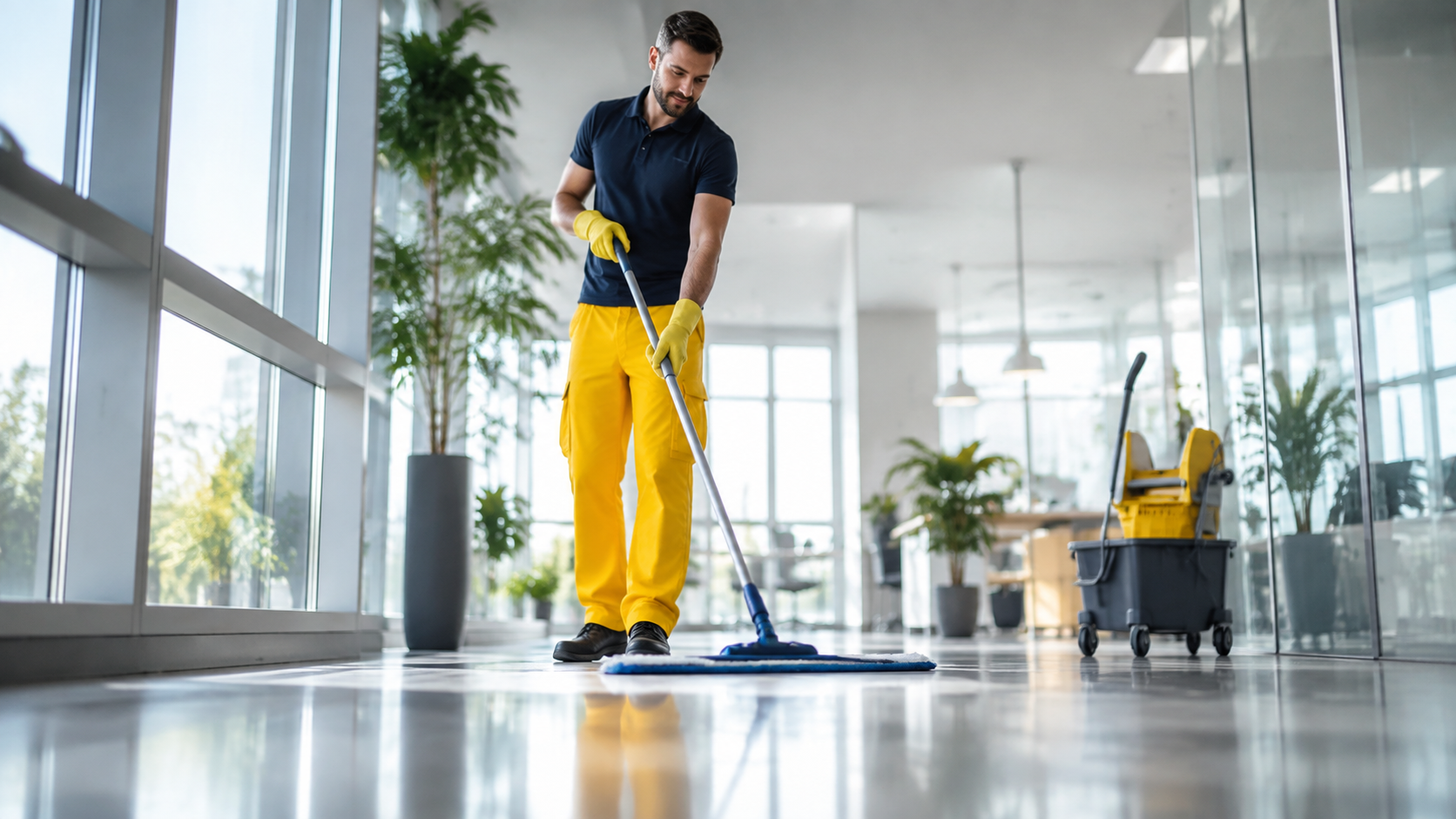 Mitarbeiter bei der professionellen Reinigung in gelber Arbeitshose
