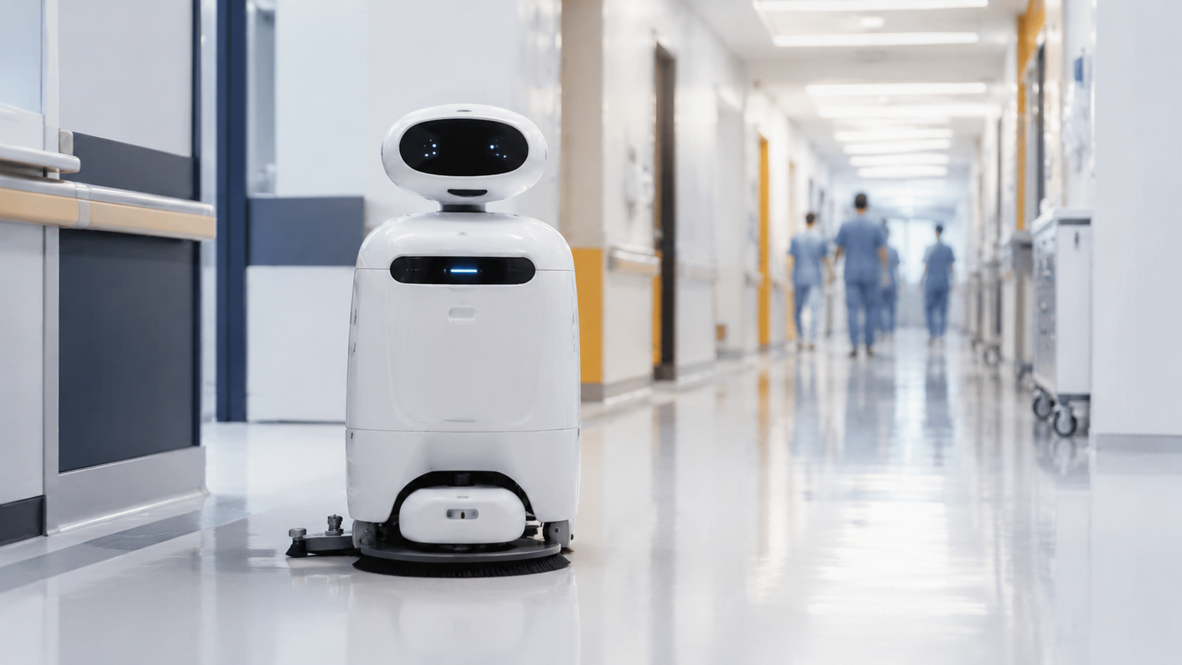 Autonomer Reinigungsroboter in einem modernen Krankenhaus